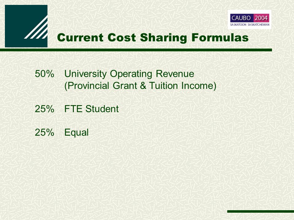 Current Cost Sharing Formulas 50%University Operating Revenue (Provincial Grant & Tuition Income) 25% FTE Student 25%Equal