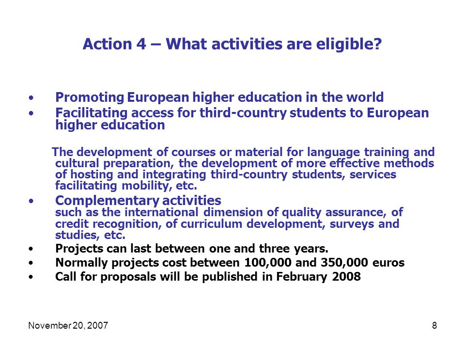 November 20, Action 4 – What activities are eligible.