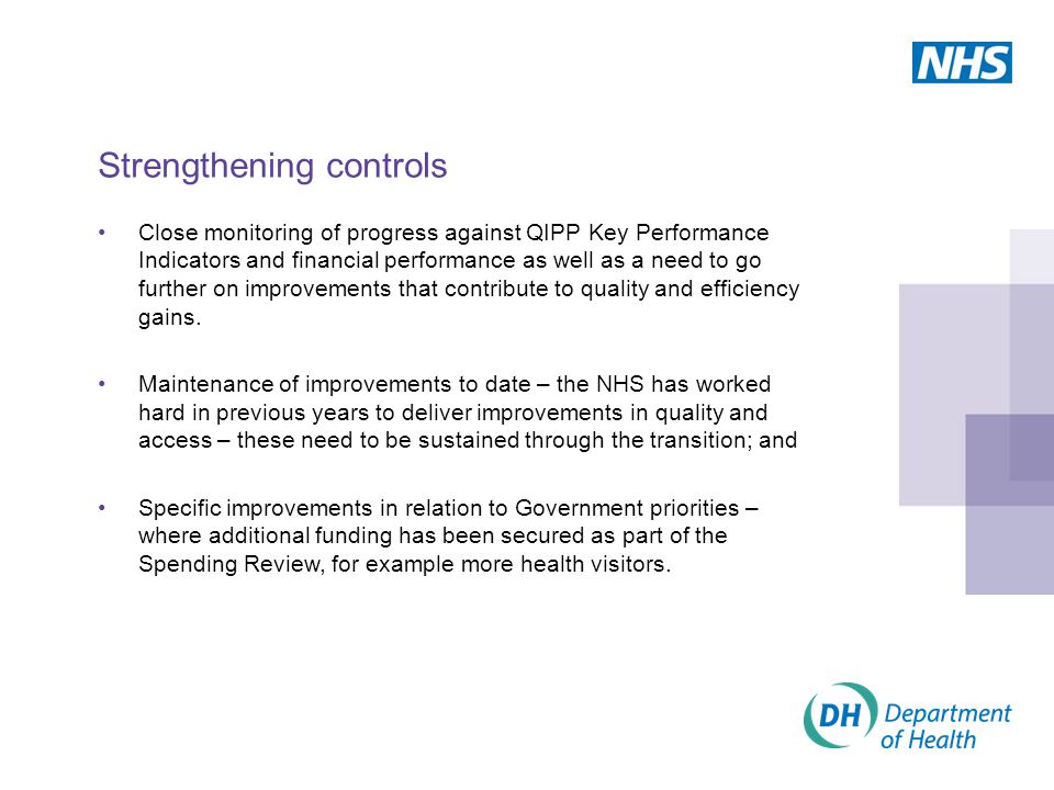 Strengthening controls Close monitoring of progress against QIPP Key Performance Indicators and financial performance as well as a need to go further on improvements that contribute to quality and efficiency gains.
