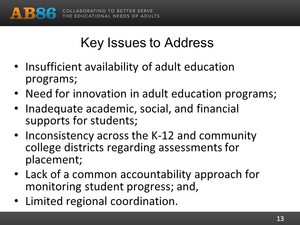 Key Issues to Address Insufficient availability of adult education programs; Need for innovation in adult education programs; Inadequate academic, social, and financial supports for students; Inconsistency across the K-12 and community college districts regarding assessments for placement; Lack of a common accountability approach for monitoring student progress; and, Limited regional coordination.