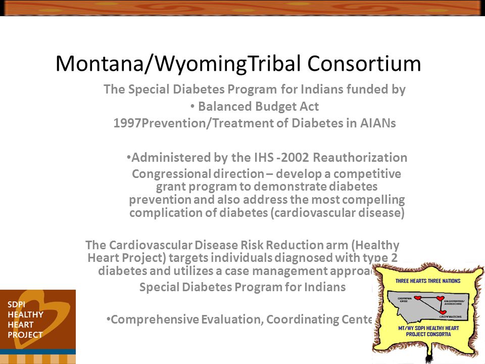 Montana/WyomingTribal Consortium The Special Diabetes Program for Indians funded by Balanced Budget Act 1997Prevention/Treatment of Diabetes in AIANs Administered by the IHS Reauthorization Congressional direction – develop a competitive grant program to demonstrate diabetes prevention and also address the most compelling complication of diabetes (cardiovascular disease) The Cardiovascular Disease Risk Reduction arm (Healthy Heart Project) targets individuals diagnosed with type 2 diabetes and utilizes a case management approach.