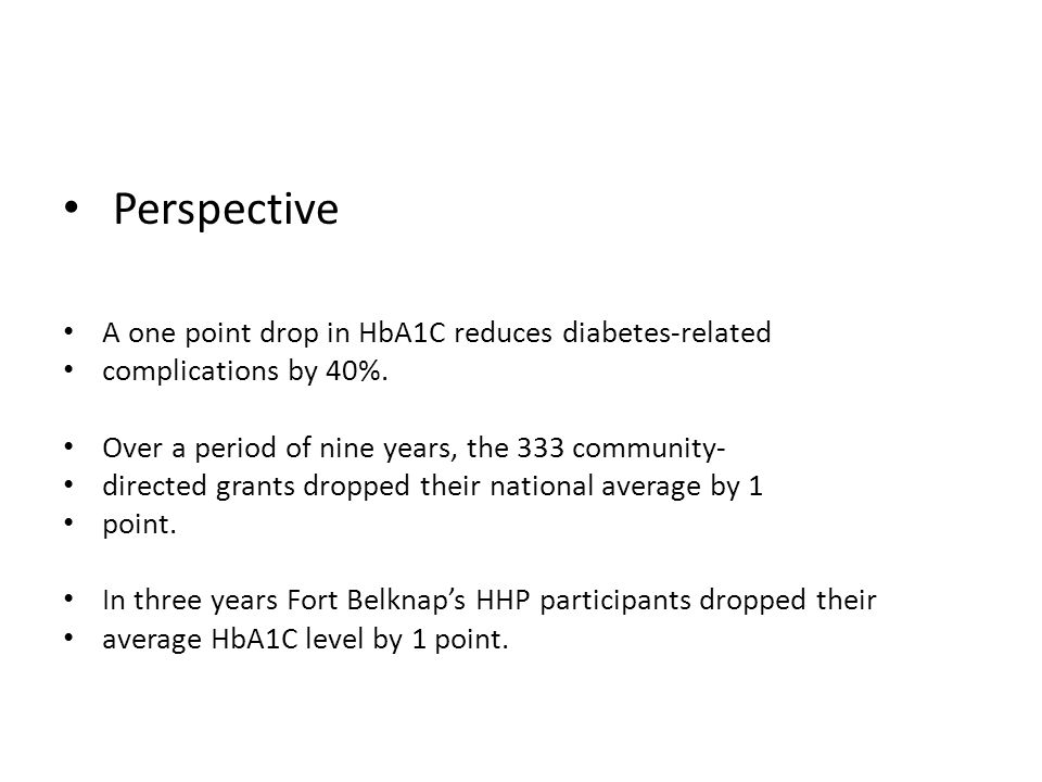 Perspective A one point drop in HbA1C reduces diabetes-related complications by 40%.