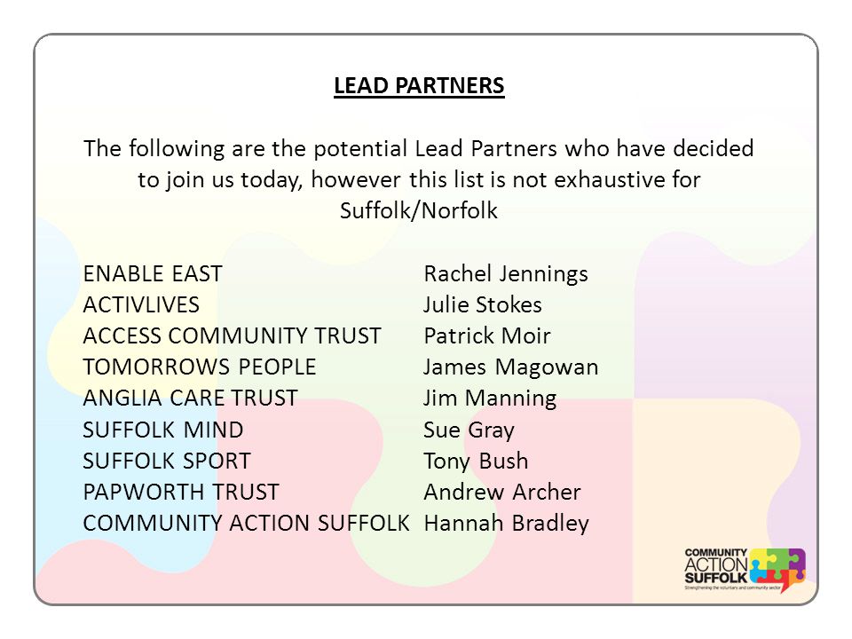 LEAD PARTNERS The following are the potential Lead Partners who have decided to join us today, however this list is not exhaustive for Suffolk/Norfolk ENABLE EASTRachel Jennings ACTIVLIVESJulie Stokes ACCESS COMMUNITY TRUSTPatrick Moir TOMORROWS PEOPLEJames Magowan ANGLIA CARE TRUSTJim Manning SUFFOLK MINDSue Gray SUFFOLK SPORTTony Bush PAPWORTH TRUSTAndrew Archer COMMUNITY ACTION SUFFOLKHannah Bradley