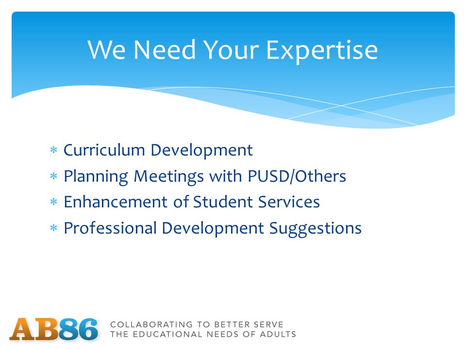 We Need Your Expertise  Curriculum Development  Planning Meetings with PUSD/Others  Enhancement of Student Services  Professional Development Suggestions