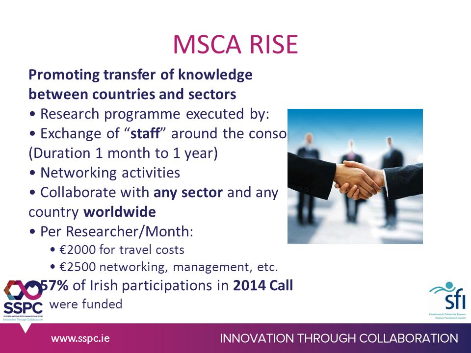 MSCA RISE Promoting transfer of knowledge between countries and sectors Research programme executed by: Exchange of staff around the consortium (Duration 1 month to 1 year) Networking activities Collaborate with any sector and any country worldwide Per Researcher/Month: €2000 for travel costs €2500 networking, management, etc.