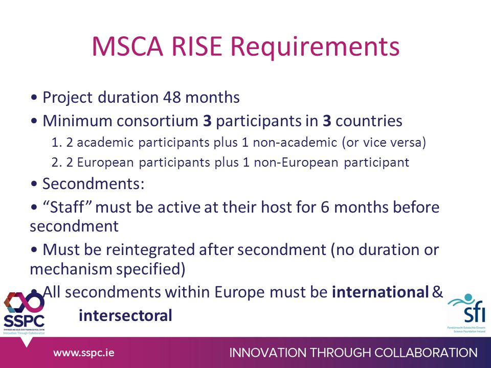MSCA RISE Requirements Project duration 48 months Minimum consortium 3 participants in 3 countries 1.