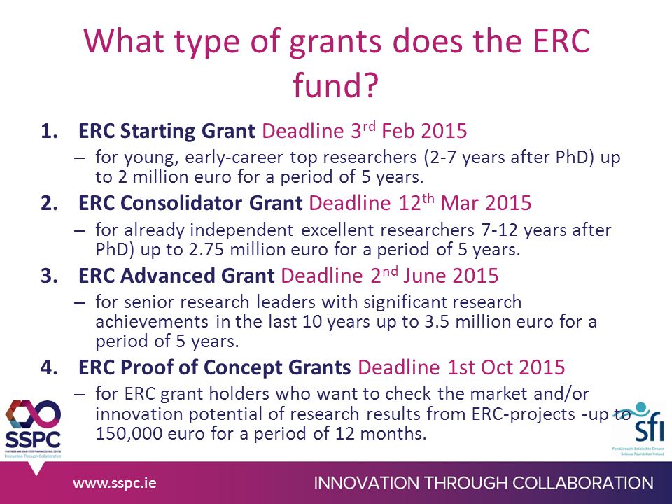 What type of grants does the ERC fund.