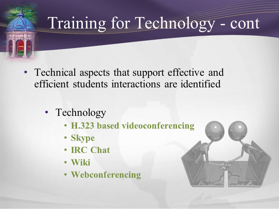 Training for Technology - cont Technical aspects that support effective and efficient students interactions are identified Technology H.323 based videoconferencing Skype IRC Chat Wiki Webconferencing