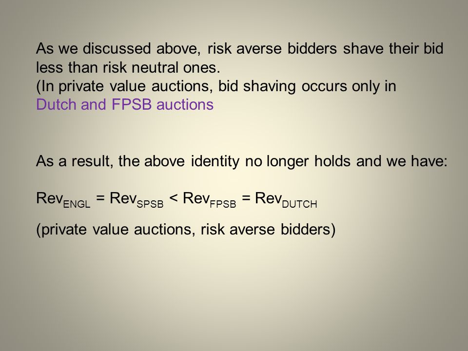 As we discussed above, risk averse bidders shave their bid less than risk neutral ones.