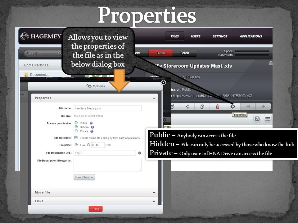 Allows you to view the properties of the file as in the below dialog box Public – Anybody can access the file Hidden – File can only be accessed by those who know the link Private – Only users of HNA Drive can access the file Public – Anybody can access the file Hidden – File can only be accessed by those who know the link Private – Only users of HNA Drive can access the file