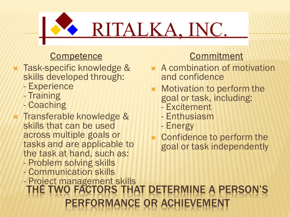 Competence  Task-specific knowledge & skills developed through: - Experience - Training - Coaching  Transferable knowledge & skills that can be used across multiple goals or tasks and are applicable to the task at hand, such as: - Problem solving skills - Communication skills - Project management skills Commitment  A combination of motivation and confidence  Motivation to perform the goal or task, including: - Excitement - Enthusiasm - Energy  Confidence to perform the goal or task independently