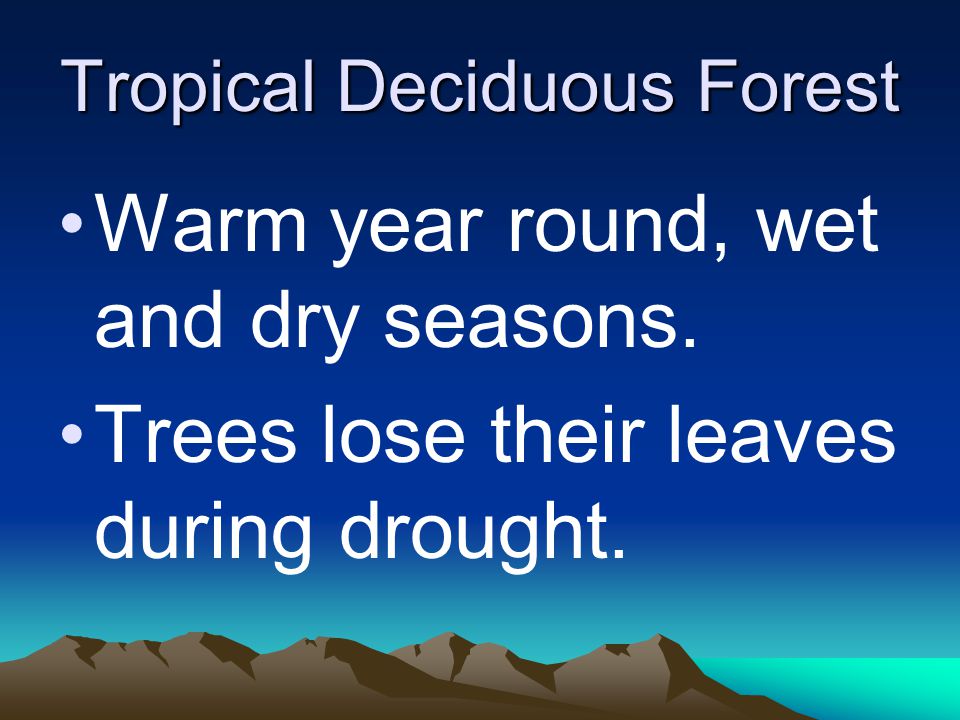 Tropical Deciduous Forest Warm year round, wet and dry seasons.