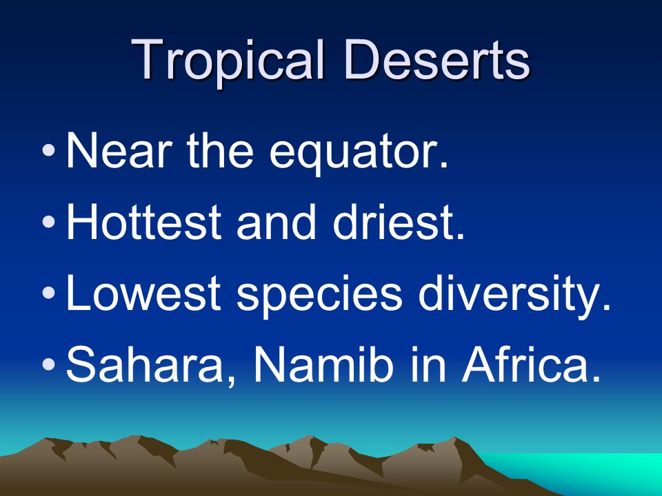 Tropical Deserts Near the equator. Hottest and driest.