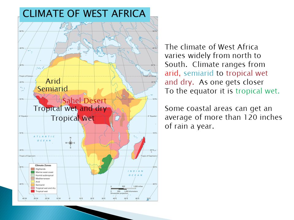 CLIMATE OF WEST AFRICA Sahel Desert The climate of West Africa varies widely from north to South.