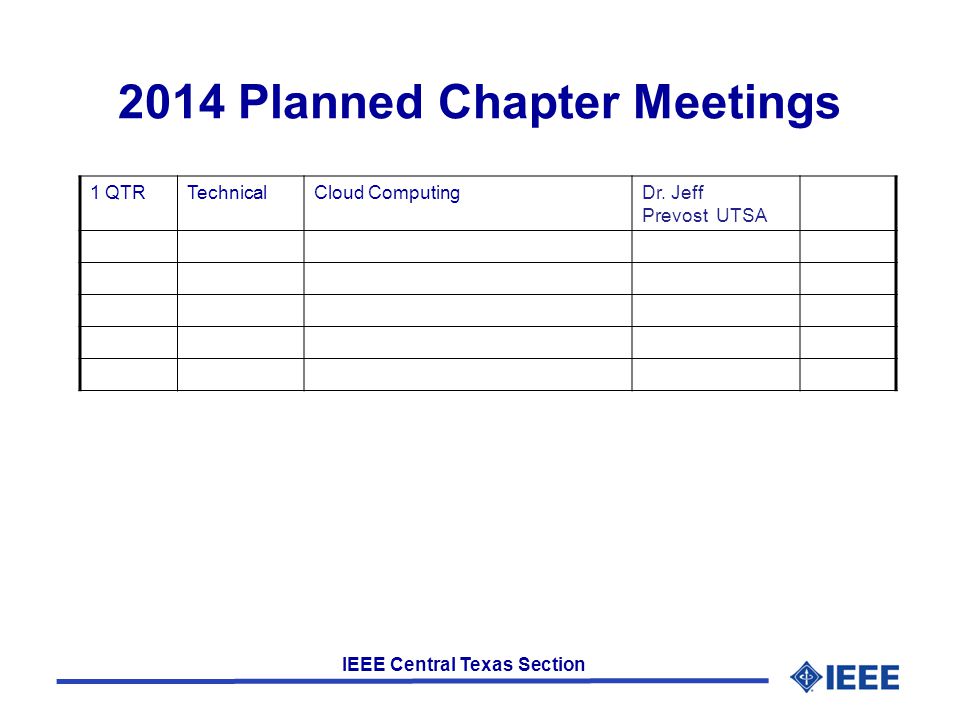 IEEE Central Texas Section 2014 Planned Chapter Meetings 1 QTRTechnicalCloud ComputingDr.