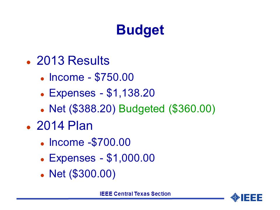 IEEE Central Texas Section Budget l 2013 Results l Income - $ l Expenses - $1, l Net ($388.20) Budgeted ($360.00) l 2014 Plan l Income -$ l Expenses - $1, l Net ($300.00)