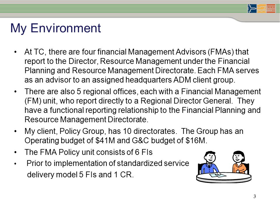 3 My Environment At TC, there are four financial Management Advisors (FMAs) that report to the Director, Resource Management under the Financial Planning and Resource Management Directorate.