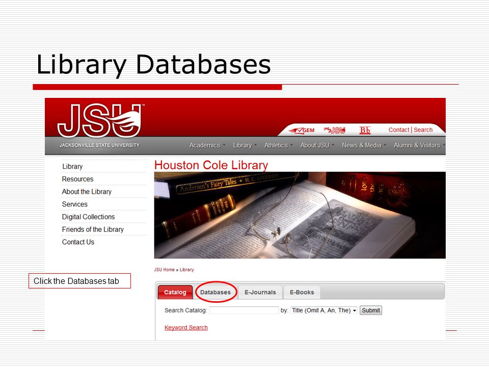 Library Databases Click the Databases tab