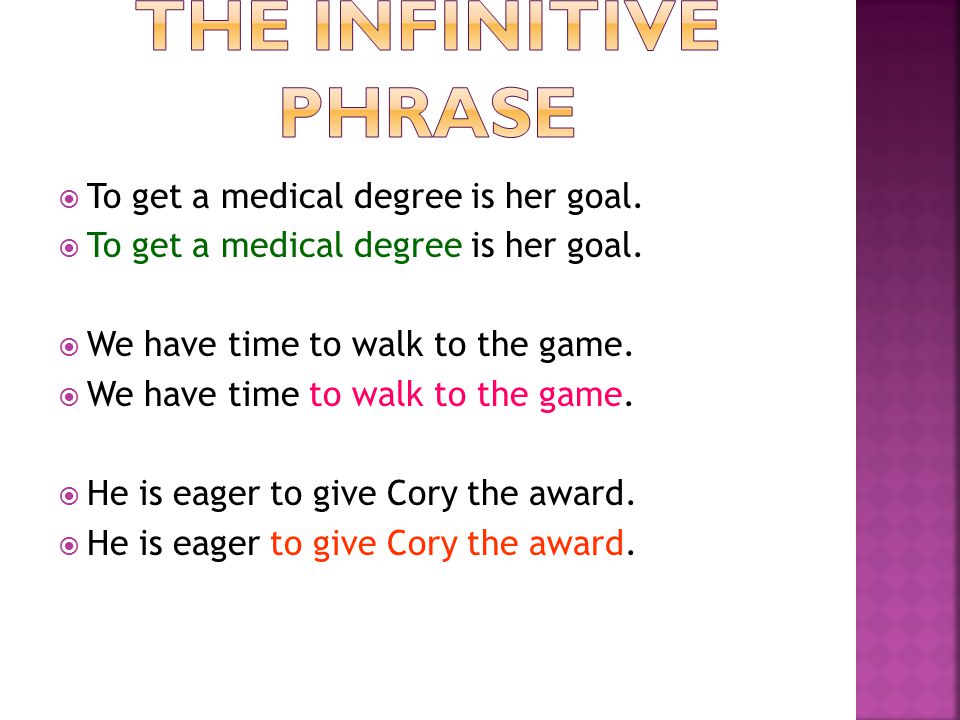  An infinitive phrase begins with the infinitive (starts with to ) and includes all of its modifier.