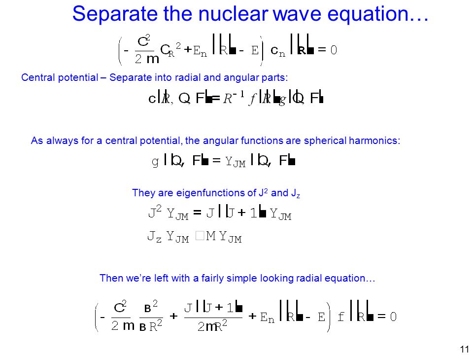 11 Separate the nuclear wave equation… Central potential – Separate into radial and angular parts: As always for a central potential, the angular functions are spherical harmonics: Then we’re left with a fairly simple looking radial equation… They are eigenfunctions of J 2 and J z