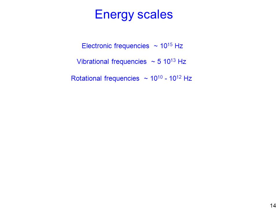 14 Electronic frequencies ~ Hz Energy scales Vibrational frequencies ~ Hz Rotational frequencies ~ Hz