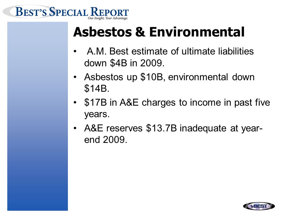 Asbestos & Environmental A.M. Best estimate of ultimate liabilities down $4B in