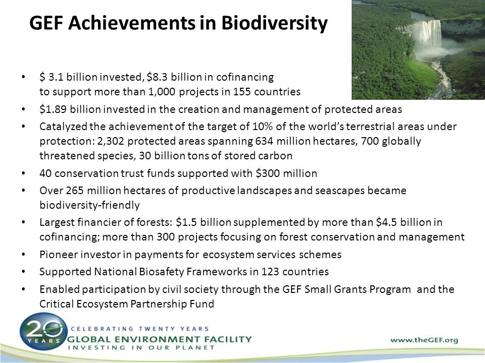 GEF Achievements in Biodiversity $ 3.1 billion invested, $8.3 billion in cofinancing to support more than 1,000 projects in 155 countries $1.89 billion invested in the creation and management of protected areas Catalyzed the achievement of the target of 10% of the world’s terrestrial areas under protection: 2,302 protected areas spanning 634 million hectares, 700 globally threatened species, 30 billion tons of stored carbon 40 conservation trust funds supported with $300 million Over 265 million hectares of productive landscapes and seascapes became biodiversity-friendly Largest financier of forests: $1.5 billion supplemented by more than $4.5 billion in cofinancing; more than 300 projects focusing on forest conservation and management Pioneer investor in payments for ecosystem services schemes Supported National Biosafety Frameworks in 123 countries Enabled participation by civil society through the GEF Small Grants Program and the Critical Ecosystem Partnership Fund