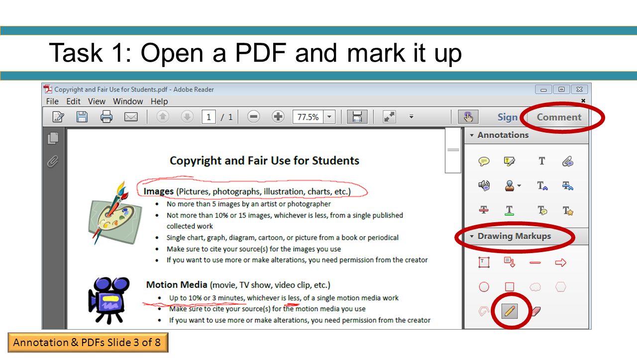 Task 1: Open a PDF and mark it up Annotation & PDFs Slide 3 of 8