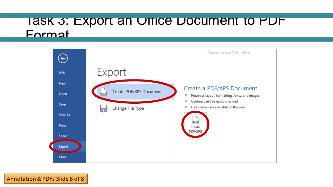 Task 3: Export an Office Document to PDF Format Annotation & PDFs Slide 8 of 8