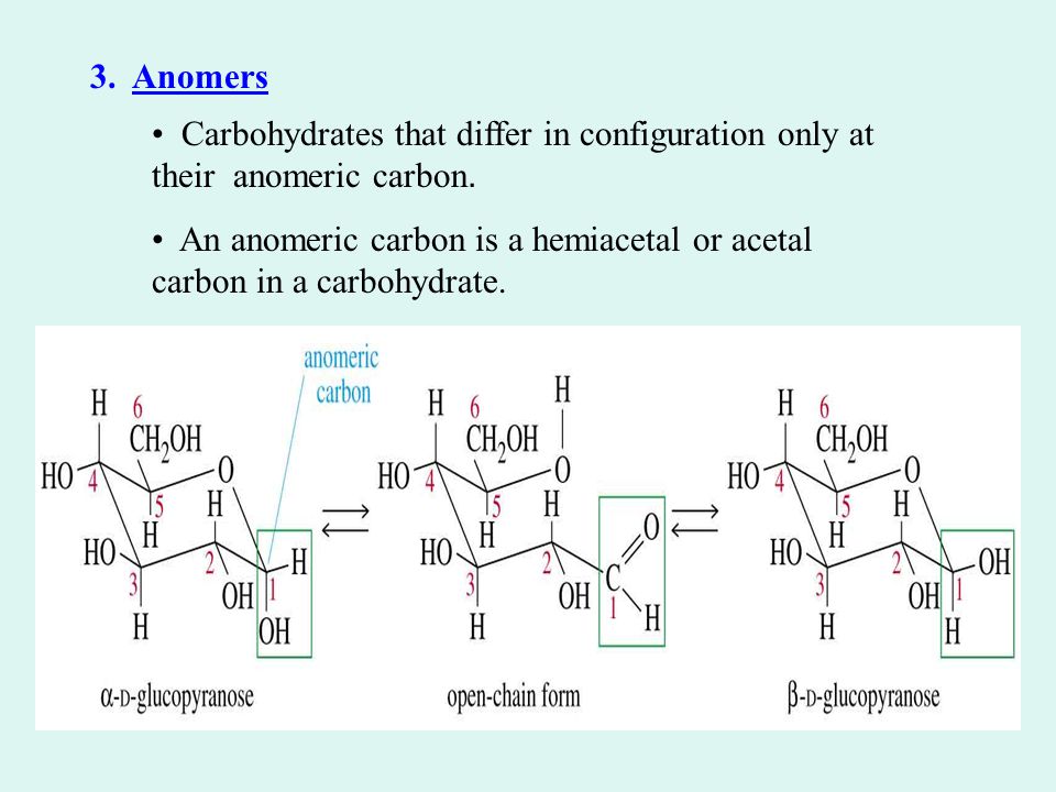 3. Anomers Carbohydrates that differ in configuration only at their anomeric carbon.