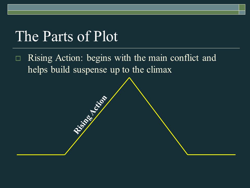 Rising Action The Parts of Plot  Rising Action: begins with the main conflict and helps build suspense up to the climax