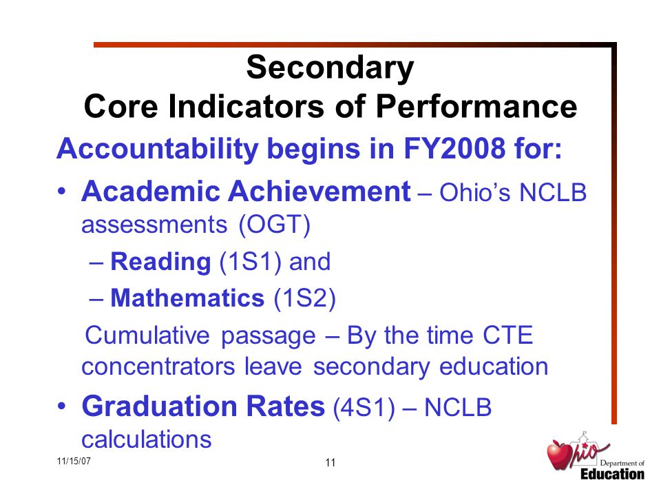11/15/07 11 Secondary Core Indicators of Performance Accountability begins in FY2008 for: Academic Achievement – Ohio’s NCLB assessments (OGT) –Reading (1S1) and –Mathematics (1S2) Cumulative passage – By the time CTE concentrators leave secondary education Graduation Rates (4S1) – NCLB calculations