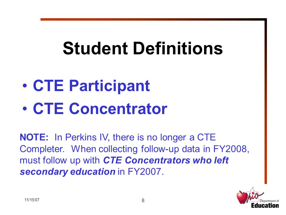 11/15/07 8 Student Definitions CTE Participant CTE Concentrator NOTE: In Perkins IV, there is no longer a CTE Completer.