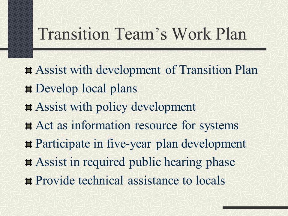 Transition Team’s Work Plan Assist with development of Transition Plan Develop local plans Assist with policy development Act as information resource for systems Participate in five-year plan development Assist in required public hearing phase Provide technical assistance to locals