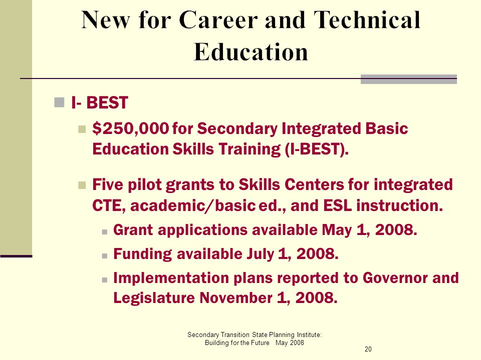 Secondary Transition State Planning Institute: Building for the Future May 2008 I- BEST $250,000 for Secondary Integrated Basic Education Skills Training (I-BEST).