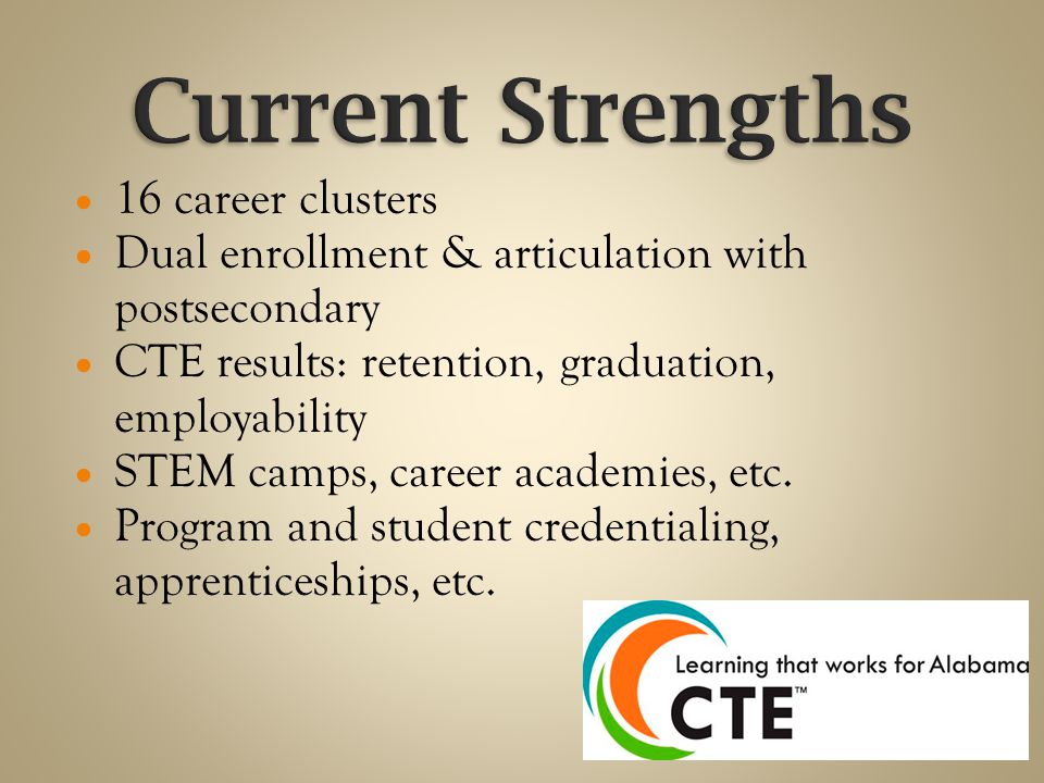  16 career clusters  Dual enrollment & articulation with postsecondary  CTE results: retention, graduation, employability  STEM camps, career academies, etc.