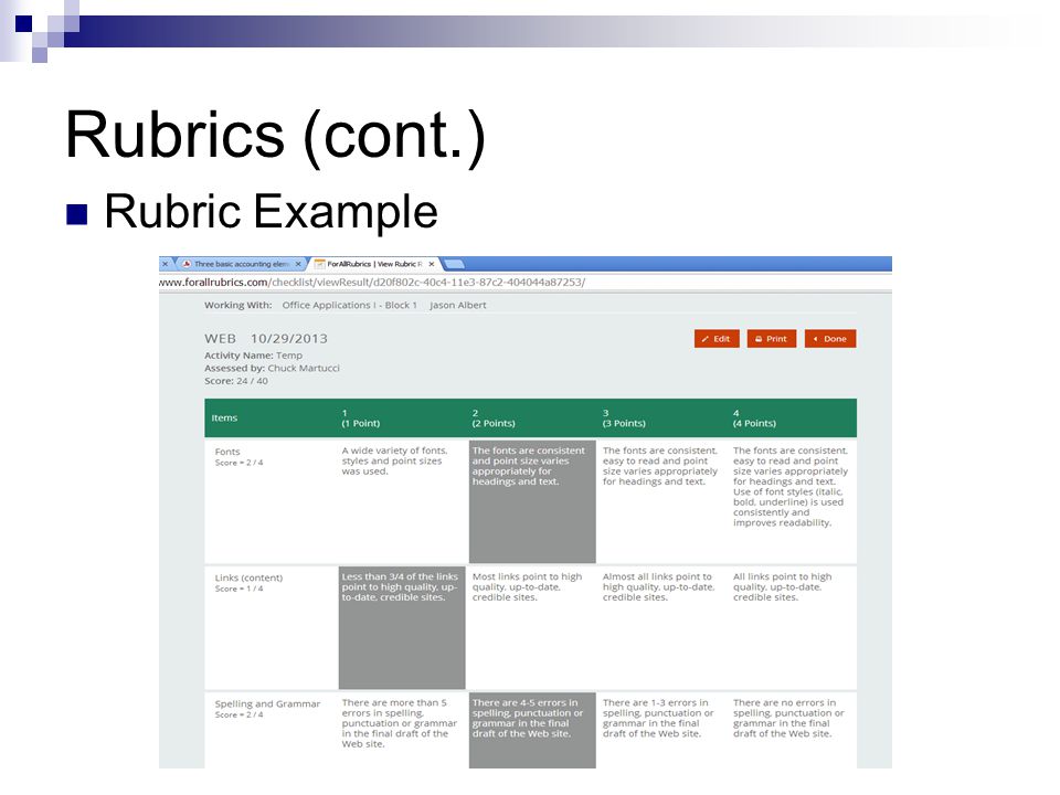 Rubrics (cont.) Rubric Example