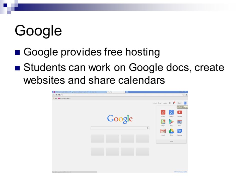 Google Google provides free hosting Students can work on Google docs, create websites and share calendars