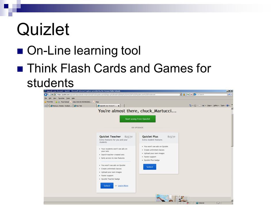 Quizlet On-Line learning tool Think Flash Cards and Games for students