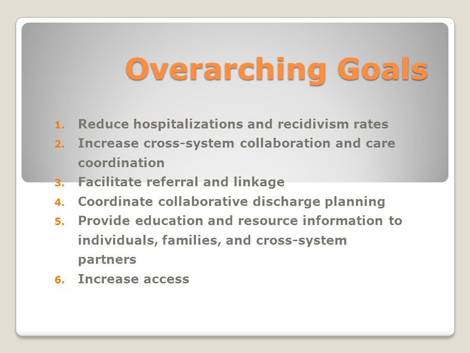 Overarching Goals 1. Reduce hospitalizations and recidivism rates 2.