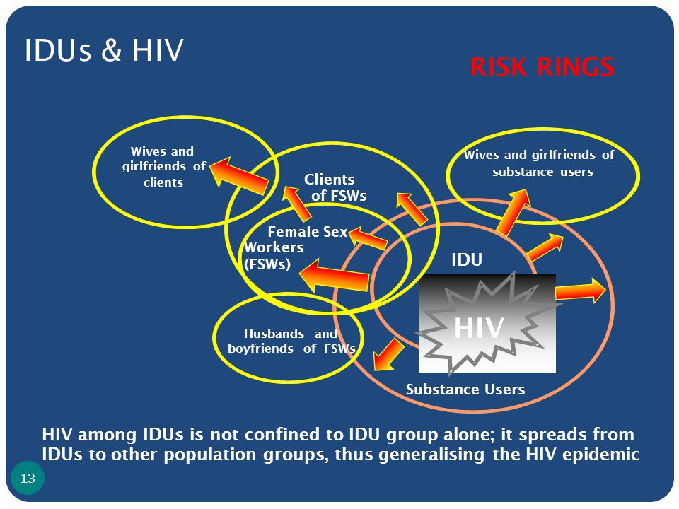 Substance Users IDUs RISK RINGS HIV Wives and girlfriends of clients Husbands and boyfriends of FSWs Clients of FSWs Wives and girlfriends of substance users Female Sex Workers (FSWs) IDUs & HIV IDU HIV among IDUs is not confined to IDU group alone; it spreads from IDUs to other population groups, thus generalising the HIV epidemic 13