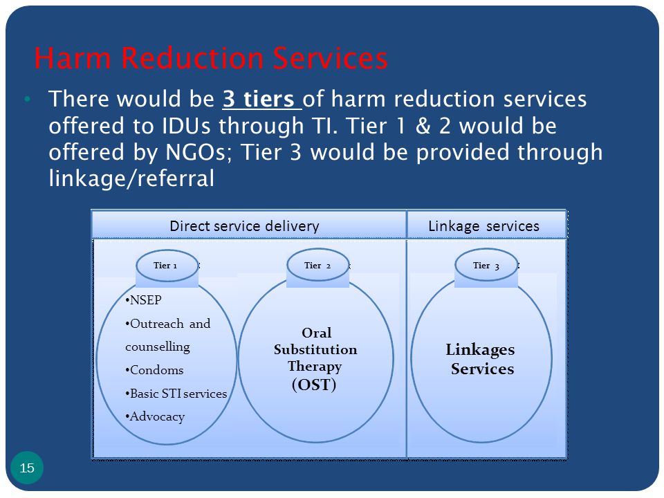 Harm Reduction Services NSEP Outreach and counselling Condoms Basic STI services Advocacy Direct service deliveryLinkageservices Oral Substitution Therapy (OST) Linkages Services Tier3 2Tier 1 There would be 3 tiers of harm reduction services offered to IDUs through TI.