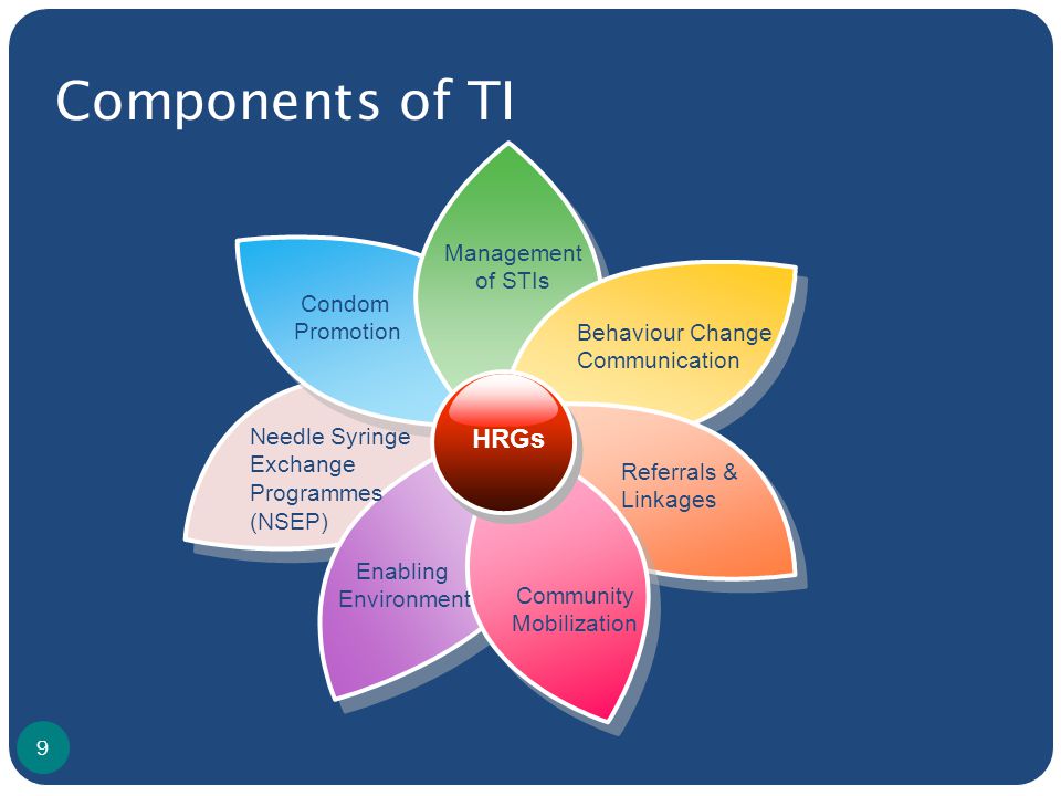 Components of TI 9 Condom Promotion Management of STIs Community Mobilization Enabling Environment Referrals & Linkages Behaviour Change Communication HRGs Needle Syringe Exchange Programmes (NSEP)