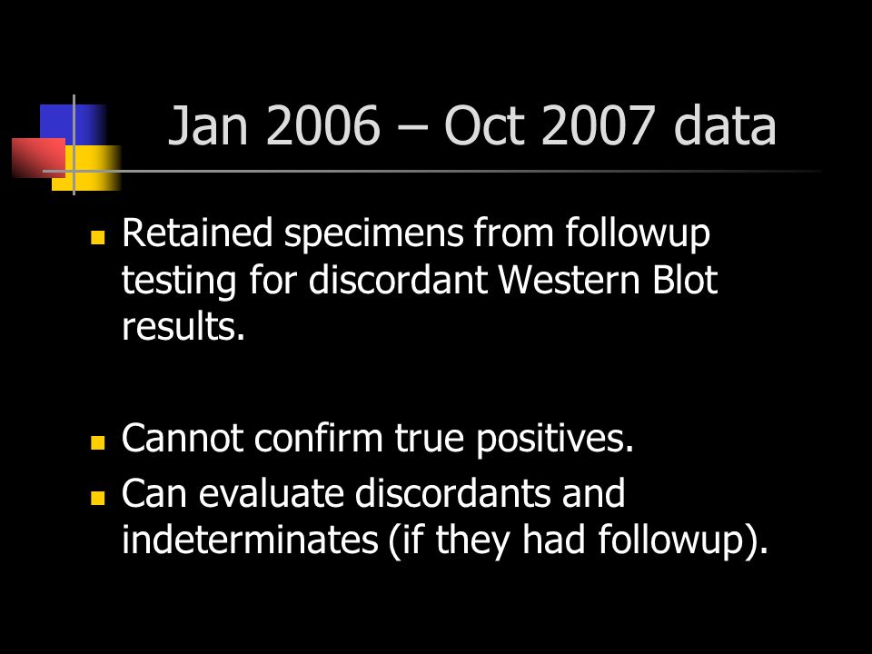 Jan 2006 – Oct 2007 data Retained specimens from followup testing for discordant Western Blot results.