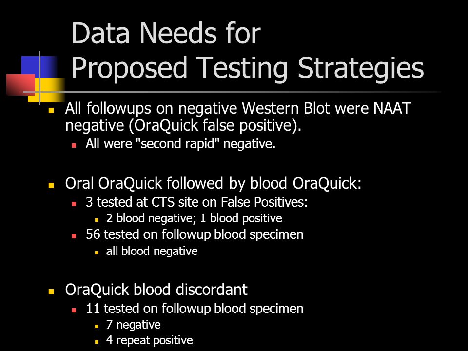 Data Needs for Proposed Testing Strategies All followups on negative Western Blot were NAAT negative (OraQuick false positive).