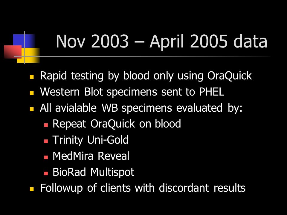 Nov 2003 – April 2005 data Rapid testing by blood only using OraQuick Western Blot specimens sent to PHEL All avialable WB specimens evaluated by: Repeat OraQuick on blood Trinity Uni-Gold MedMira Reveal BioRad Multispot Followup of clients with discordant results