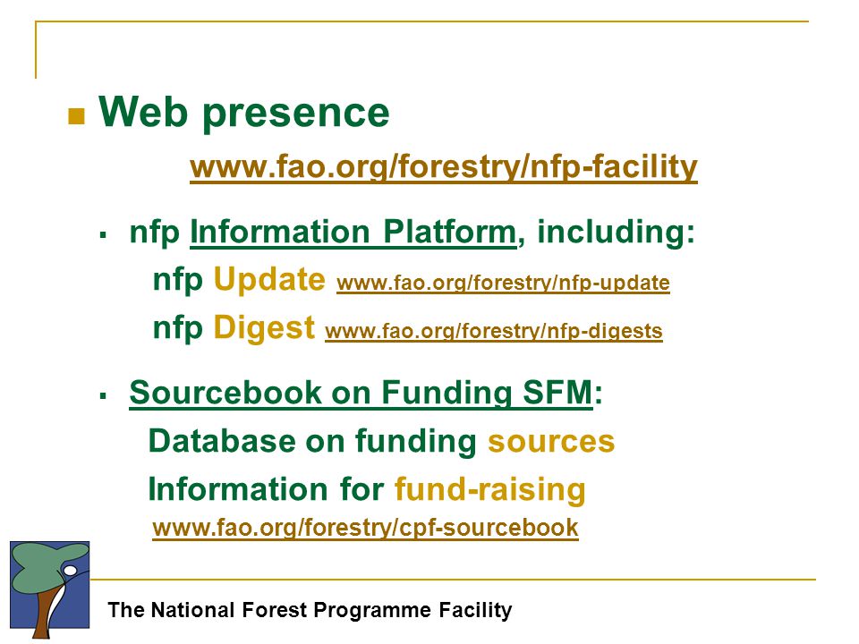 The National Forest Programme Facility Web presence    nfp Information Platform, including: nfp Update     nfp Digest      Sourcebook on Funding SFM: Database on funding sources Information for fund-raising