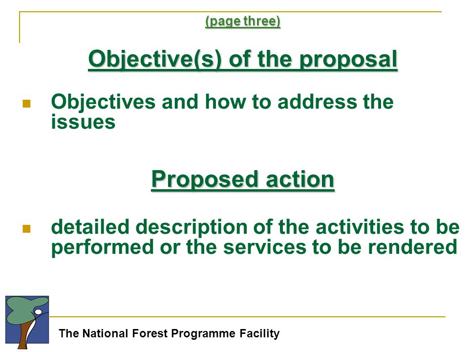 The National Forest Programme Facility (page three) Objective(s) of the proposal Objectives and how to address the issues Proposed action detailed description of the activities to be performed or the services to be rendered