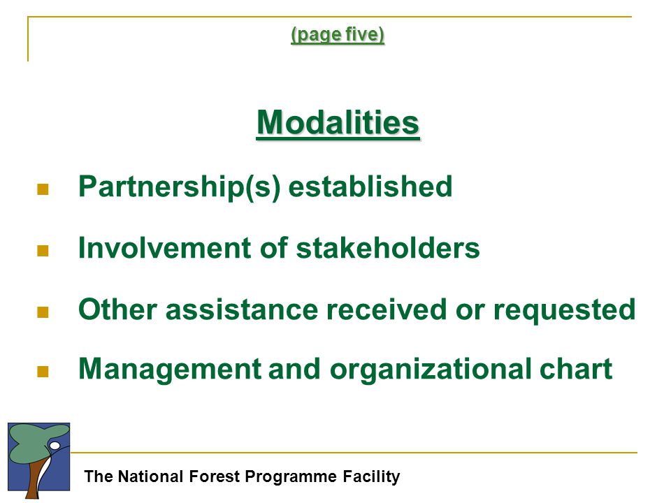 The National Forest Programme Facility (page five) Modalities Partnership(s) established Involvement of stakeholders Other assistance received or requested Management and organizational chart