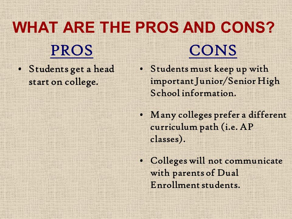 WHAT ARE THE PROS AND CONS. PROS Students get a head start on college.